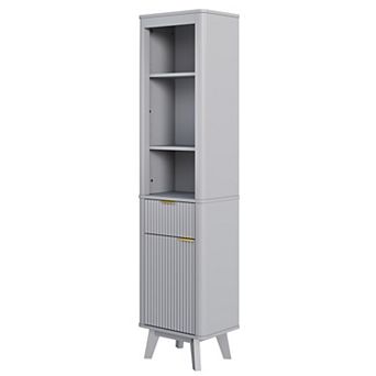 KWPZQEB 68" H Bathroom Fluted Storage Cabinet with Adjustable Shelves & Drawer & Door