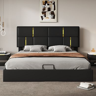 Pnronnc Lift Up Bed Frame Queen Upholstered Platform Bed with Hydraulic Storage No Box Spring Needed