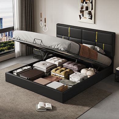 Pnronnc Lift Up Bed Frame Queen Upholstered Platform Bed with Hydraulic Storage No Box Spring Needed