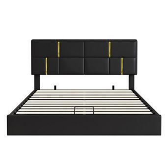 Pnronnc Lift Up Bed Frame Queen Upholstered Platform Bed with Hydraulic Storage No Box Spring Needed