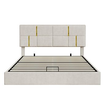 Pnronnc Lift Up Bed Frame Queen Upholstered Platform Bed with Hydraulic Storage No Box Spring Needed