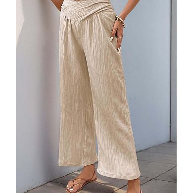 Women's High-Waist Solid Color Commuter Style Cropped Wide-Leg Pants