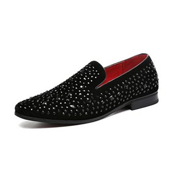 Men's Velvet Studded Loafers Slip-On Dress Shoes with Rhinestone Embellishments
