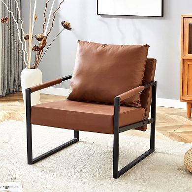 Loheer Classic PU Leather Accent Chair with Industrial Metal Frame