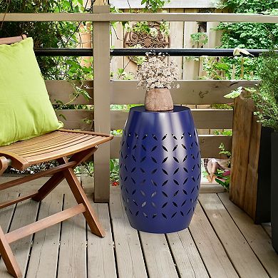 Modern Barrel Shape Steel Side Table with Intricate Pattern for Living Room, Patio, or Balcony