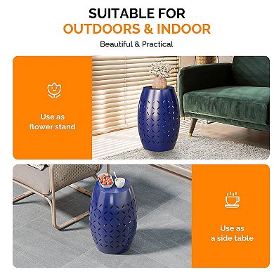 Modern Barrel Shape Steel Side Table with Intricate Pattern for Living Room, Patio, or Balcony