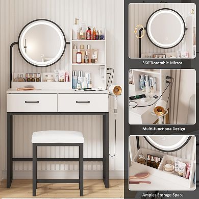 Small Makeup Vanity Desk with Round Mirror and Lights, 3 Color Modes & Open Shelves Vanity Table