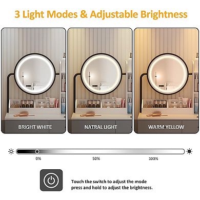 Small Makeup Vanity Desk with Round Mirror and Lights, 3 Color Modes & Open Shelves Vanity Table