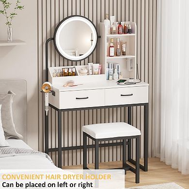 Small Makeup Vanity Desk with Round Mirror and Lights, 3 Color Modes & Open Shelves Vanity Table