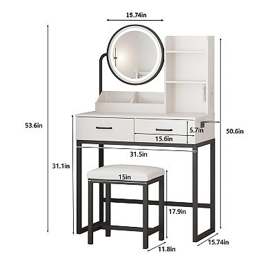 Small Makeup Vanity Desk with Round Mirror and Lights, 3 Color Modes & Open Shelves Vanity Table