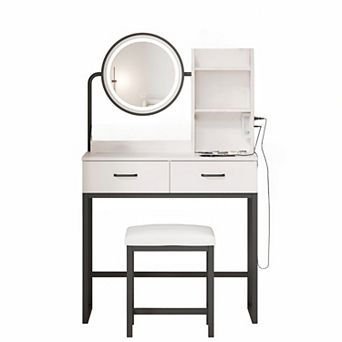 Small Makeup Vanity Desk with Round Mirror and Lights, 3 Color Modes & Open Shelves Vanity Table