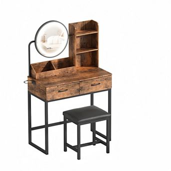 Small Makeup Vanity Desk with Round Mirror and Lights, 3 Color Modes & Open Shelves Vanity Table