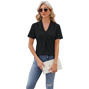Womens Short Sleeve T Shirts V Neck Business Casual Tops Summer Collared T-Shirts Tees