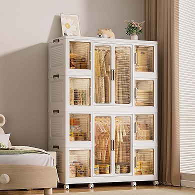 Portable Wardrobe Closet Organizer 2 Hanging Rods Cream White