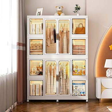 Portable Wardrobe Closet Organizer 2 Hanging Rods Cream White