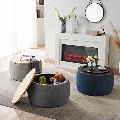 Round Storage Ottoman, 2 in 1 Function, Work as End table and Ottoman