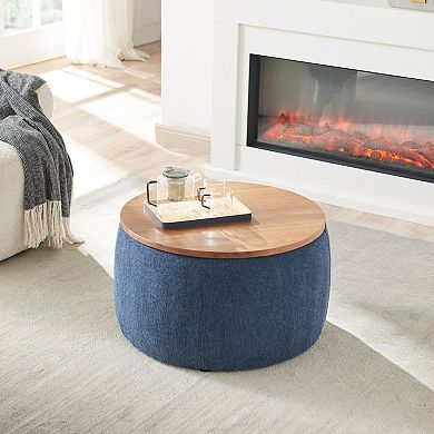 Round Storage Ottoman, 2 in 1 Function, Work as End table and Ottoman