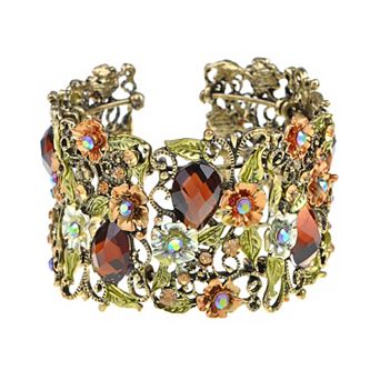 Antique Hollow Vintage Floral Topaz Crystal Rhinestone Flower Garden Bracelet Bangle Cuff