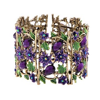 Antique Hollow Vintage Floral Topaz Crystal Rhinestone Flower Garden Bracelet Bangle Cuff