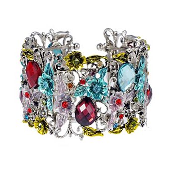 Antique Hollow Vintage Floral Topaz Crystal Rhinestone Flower Garden Bracelet Bangle Cuff