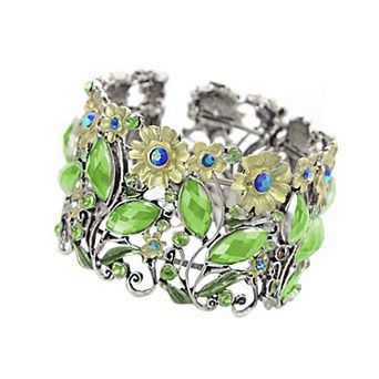 Antique Hollow Vintage Floral Topaz Crystal Rhinestone Flower Garden Bracelet Bangle Cuff
