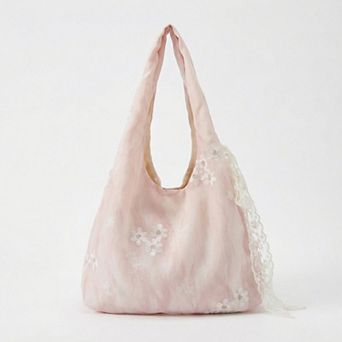 Women's Soft Shoulder Bag Floral Embroidery Lace Trim Detail Slouchy Hobo Silhouette