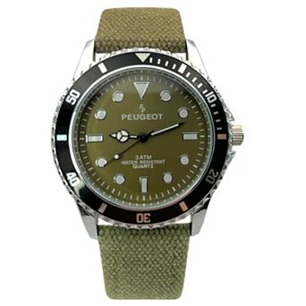 Peugeot Mens 42mm Stationary Sport Bezel Watch with Colored Dial and Canvas Strap