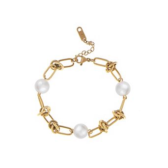 18K Gold Plated Pearl Link Bracelet - Stainless Steel Pearl Bead Chain Bracelet Boho Chic Jewelry