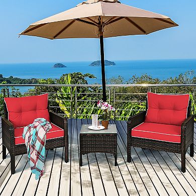 Costway 3PCS Outdoor Rattan Conversation Set Patio Garden Cushioned Sofa Chair