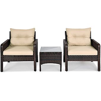 Costway 3 pc Outdoor Rattan Conversation Set Patio Garden Cushioned Sofa Chair