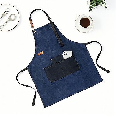Denim Kitchen Apron with Adjustable Neck Strap Multi Pocket Work Apron for Cooking Baking Barista