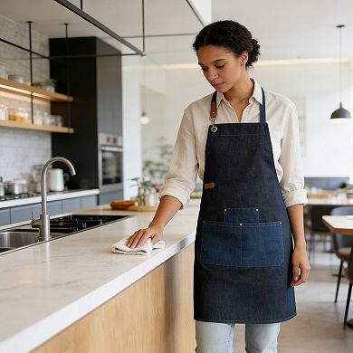 Denim Kitchen Apron with Adjustable Neck Strap Multi Pocket Work Apron for Cooking Baking Barista