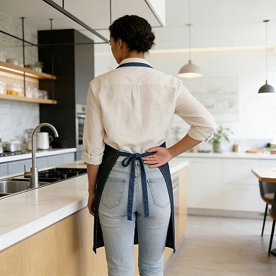 Denim Kitchen Apron with Adjustable Neck Strap Multi Pocket Work Apron for Cooking Baking Barista
