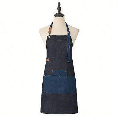 Denim Kitchen Apron with Adjustable Neck Strap Multi Pocket Work Apron for Cooking Baking Barista