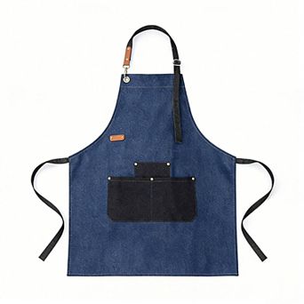 Denim Kitchen Apron with Adjustable Neck Strap Multi Pocket Work Apron for Cooking Baking Barista