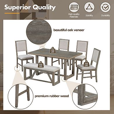Pnronnc 6-Piece Dining Table Set, Retro Kitchen Table Set with Bench and 4 Chairs