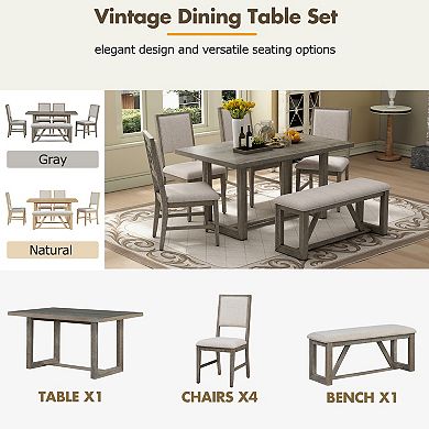 Pnronnc 6-Piece Dining Table Set, Retro Kitchen Table Set with Bench and 4 Chairs