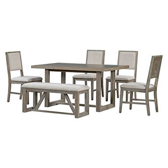 Pnronnc 6 pc Dining Table Set, Retro Kitchen Table Set with Bench and 4 Chairs