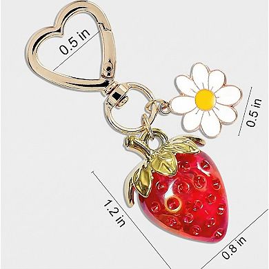 Women's 3 Pcs Strawberry Charm Keychain Set with Daisy Pendant and Heart Clip Decorative Bag Charm
