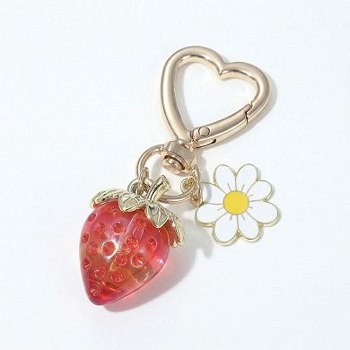 Women's 3 Pcs Strawberry Charm Keychain Set with Daisy Pendant and Heart Clip Decorative Bag Charm