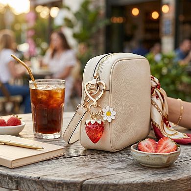Women's 3 Pcs Strawberry Charm Keychain Set with Daisy Pendant and Heart Clip Decorative Bag Charm
