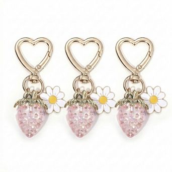 Women's 3 pc Strawberry Charm Keychain Set with Daisy Pendant and Heart Clip Decorative Bag Charm