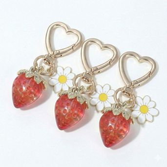 Women's 3 pc Strawberry Charm Keychain Set with Daisy Pendant and Heart Clip Decorative Bag Charm