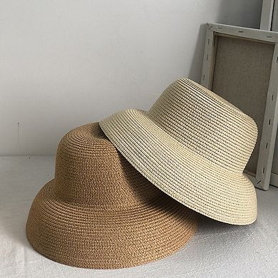Women Wide Brim Bucket Hat Lightweight Woven Sun Hat Classic Solid Casual Hat