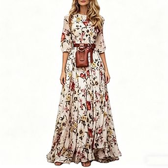 Women's Floral Print Maxi Dress - Voluminous Sleeve Round Neck A-Line Dress with Waist Belt