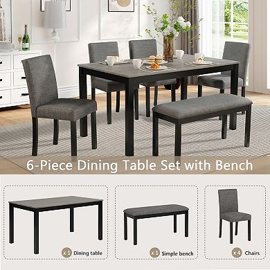 Pnronnc Modern 6-Piece Wooden Dining Table Set for 6 with Bench and 4 Chairs