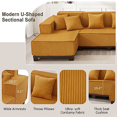 Pnronnc U Shaped Sectional Sofa Corduroy Upholstered Couch with RGB LED Lights and 6 Pillows