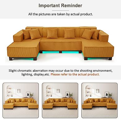 Pnronnc U Shaped Sectional Sofa Corduroy Upholstered Couch with RGB LED Lights and 6 Pillows