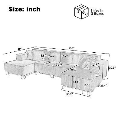 Pnronnc U Shaped Sectional Sofa Corduroy Upholstered Couch with RGB LED Lights and 6 Pillows