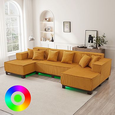 Pnronnc U Shaped Sectional Sofa Corduroy Upholstered Couch with RGB LED Lights and 6 Pillows